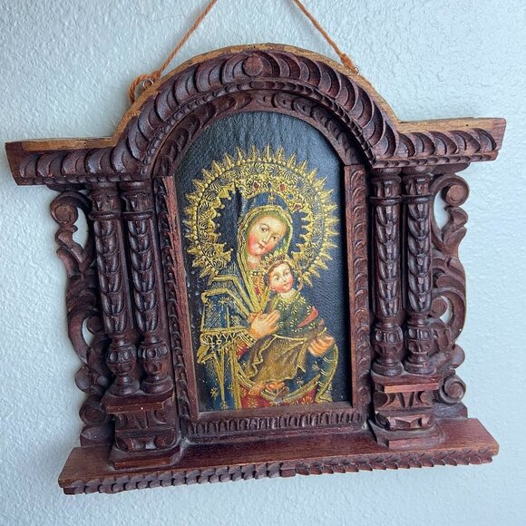 Other - Vintage Religious Old Icona Virgin Mary & Baby Jesus Framed Picture